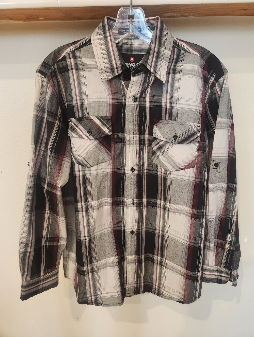 Airwalk Young Men's Black, White & Burgundy Plaid Button-Down Shirt